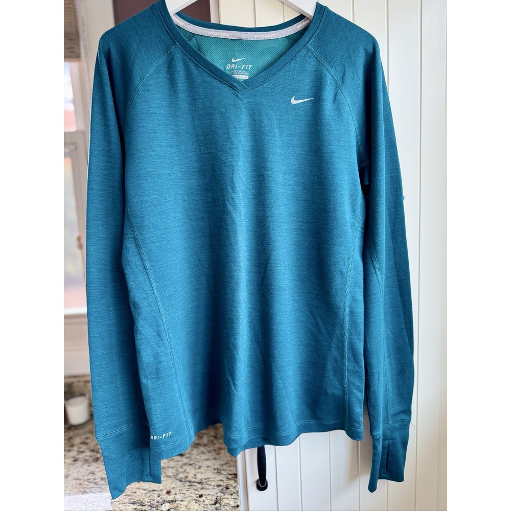 Nike Dri-FIT Wool Blend Running Top Women M Teal V Neck Thumbholes 553570-304